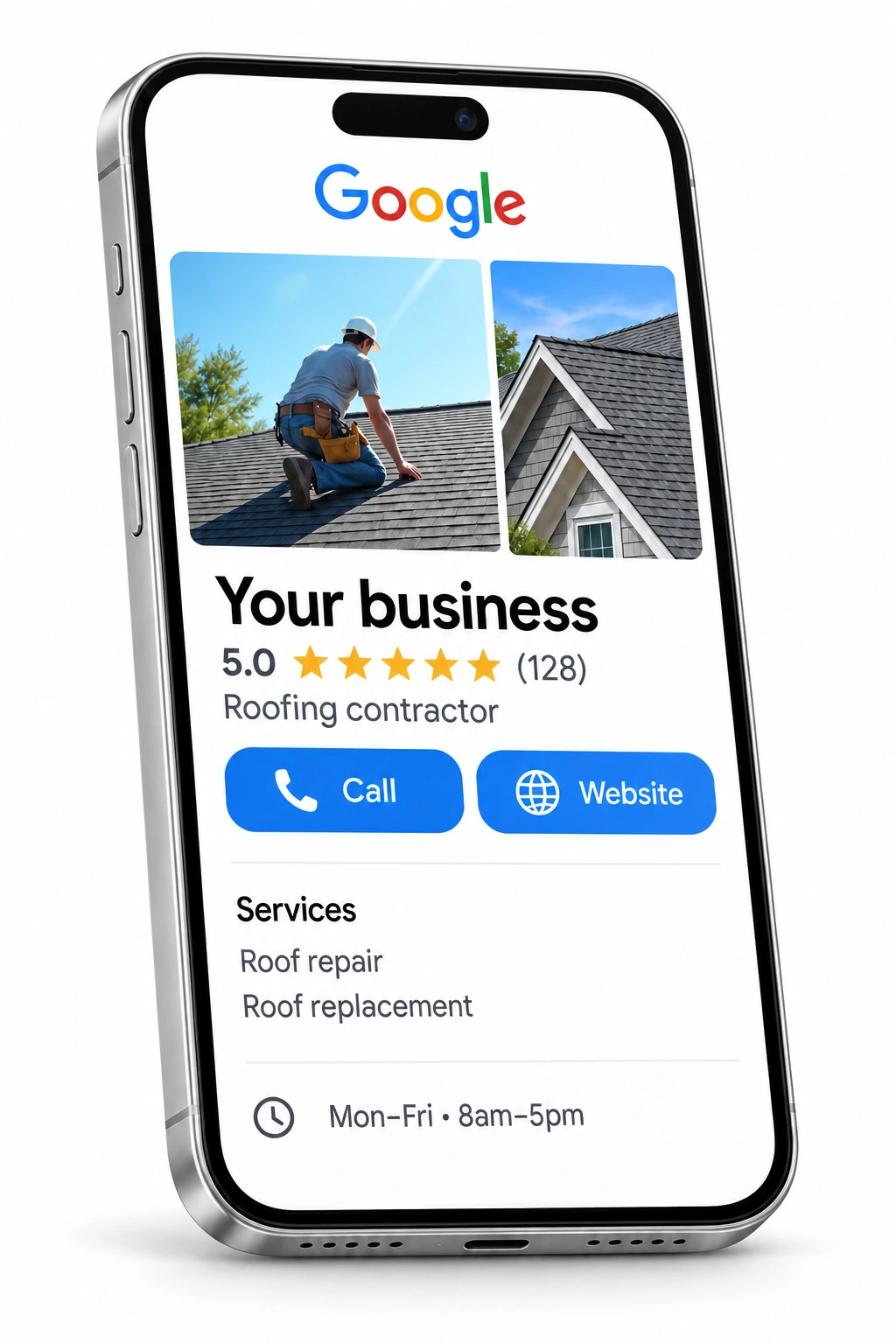 Illustrative Google profile with an example 5.0 rating, five gold stars, 128 example reviews, roofing photos, services, hours, and contact buttons