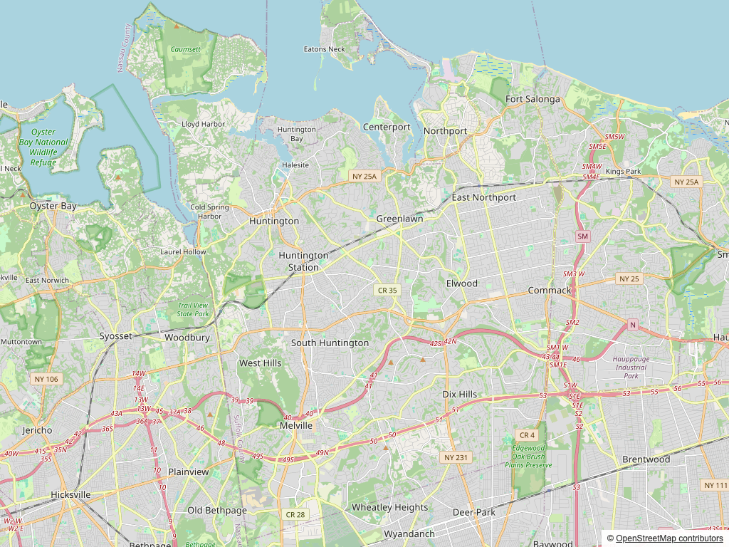 Street map of Huntington, Greenlawn, Northport, and surrounding Long Island towns
