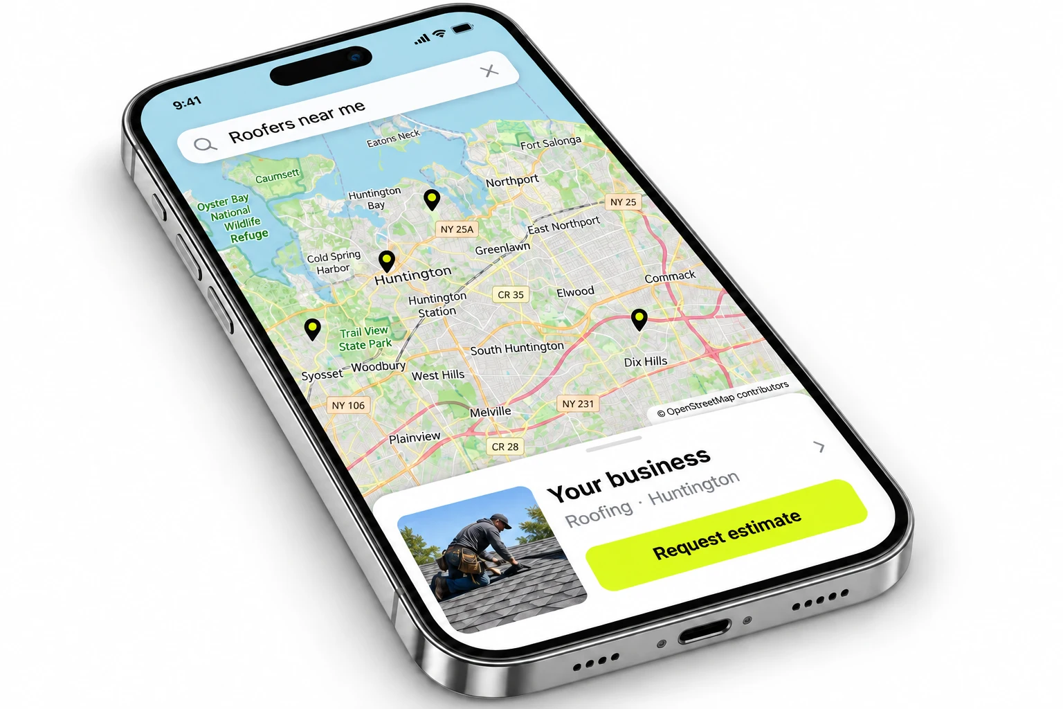 Illustrative local roofing search with a clear path to request an estimate