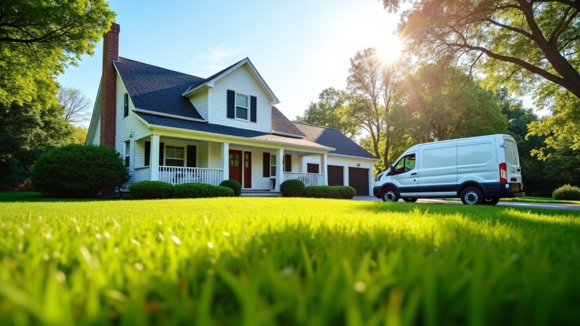 A tidy front lawn at golden hour, work van in the driveway